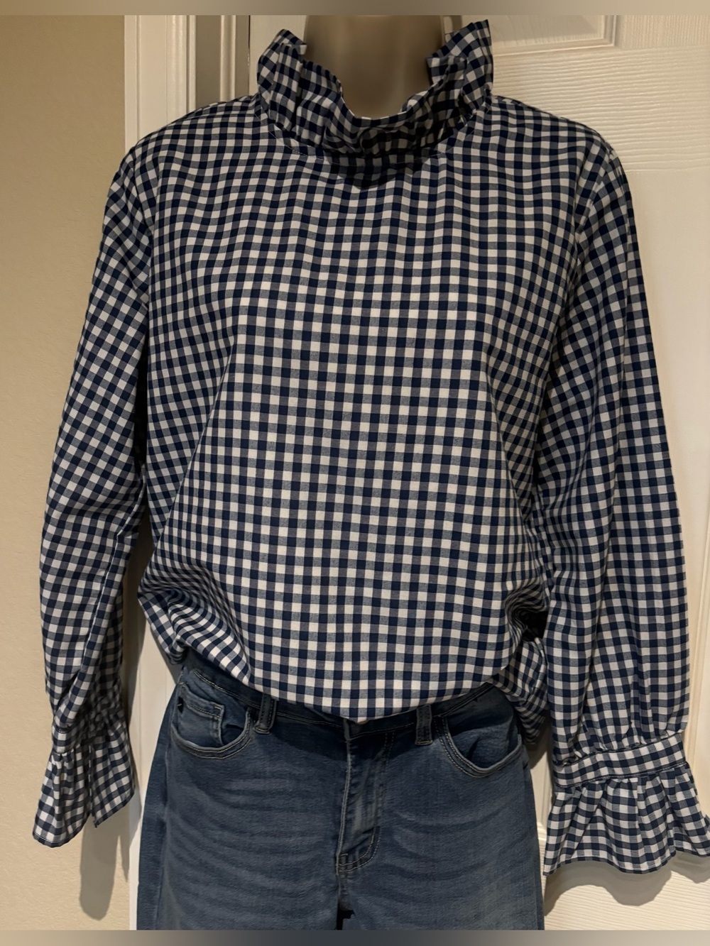 Elizabeth Wilson Designs Navy & White Gingham ruffled top